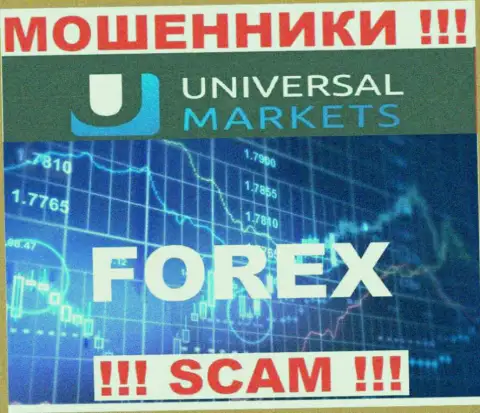 Крайне рискованно совместно работать с обманщиками Universal Markets, направление деятельности которых ФОРЕКС