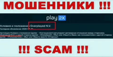 Организацией Play2X владеет Overplayed N.V. - сведения с официального сайта мошенников