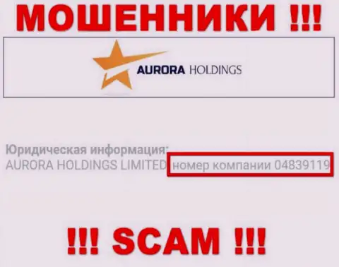 Регистрационный номер мошенников Aurora Holdings, представленный на их официальном сайте: 04839119