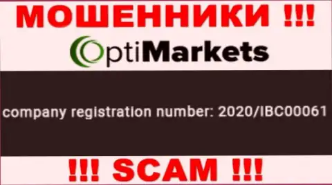 Регистрационный номер, под которым официально зарегистрирована контора OptiMarket Co: 2020/IBC00061