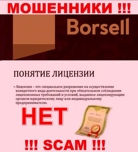 Вы не сумеете найти инфу о лицензии интернет мошенников Borsell Ru, т.к. они ее не сумели получить