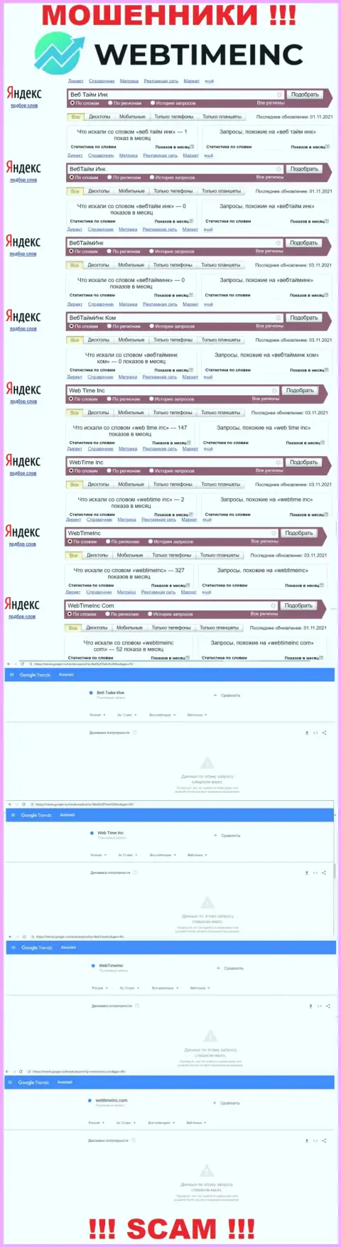 Информация по онлайн-запросам противоправно действующей компании WebTimeInc Com в поисковиках всемирной интернет паутины