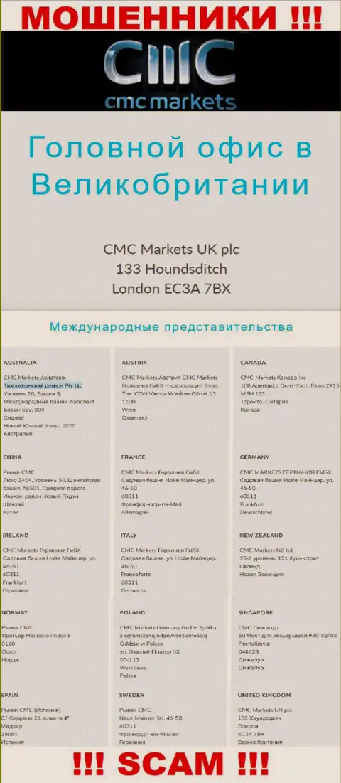 На информационном портале конторы CMC Markets предоставлен ложный адрес регистрации - это МОШЕННИКИ !!!