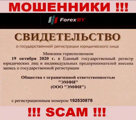 Номер регистрации мошеннической организации ForexBY - 192530878