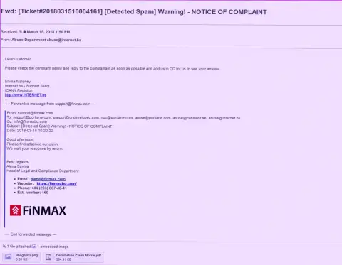 Аналогичная претензия на официальный web-портал ФинМакс пришла и регистратору доменного имени сайта